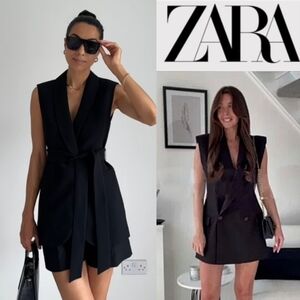 NWT Zara Belted Long Waistcoat Vest Black Size S